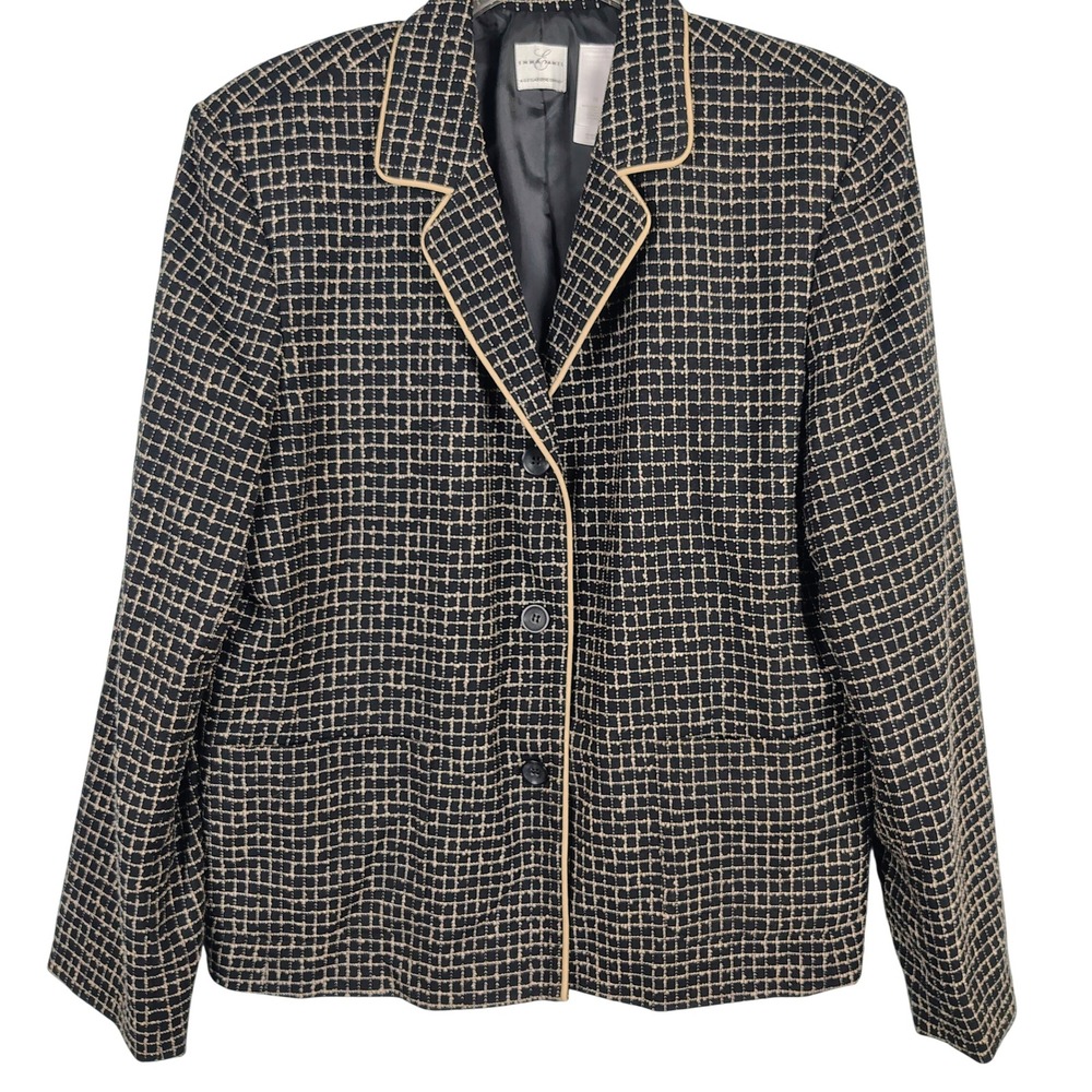 Emma James Womens SZ 16 Blazer Black Tan Grid Textured Officecore Dark Academia